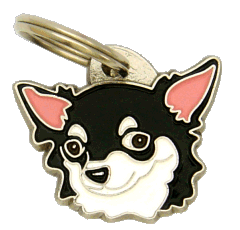 Chihuahua pelo longo preto e branco <br> (placa de identificação para cães, Gravado incluído)